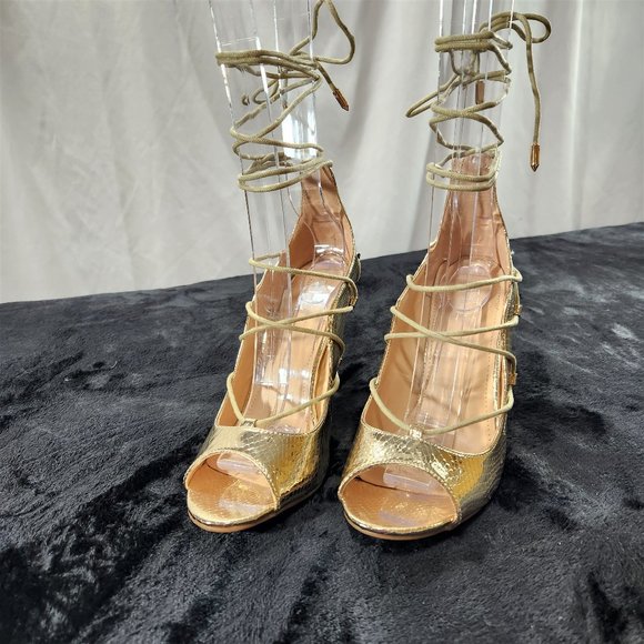 M&L Gold Metallic Material Open Round Toe Strappy Tie Detail 4" Stiletto Heels - Picture 4 of 8
